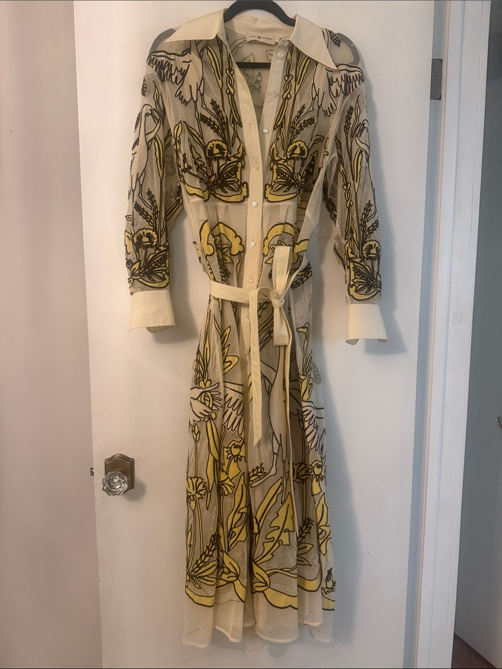 Tory Burch Swan Sheer Floral Belted Long-Sleeve Dress in Cream and Yellow